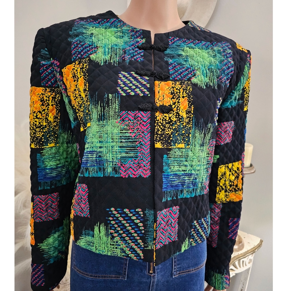 Doncaster Black Multicolored Patch Crop Quilted J… - image 3